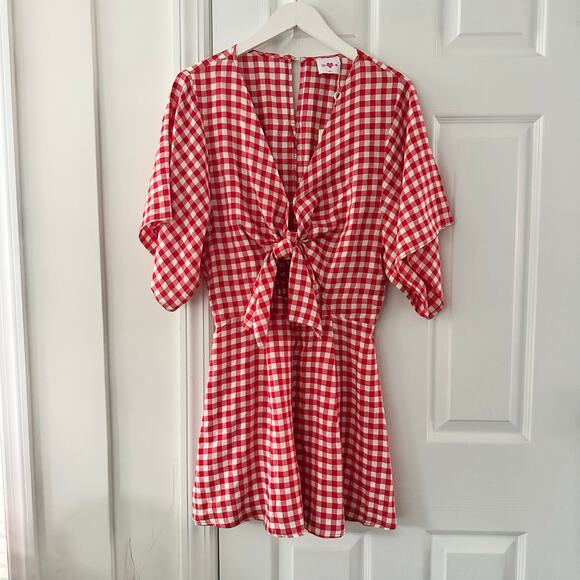 Buddy Love Connie Red White Tie Front Gingham Mini Swing Dress NWT Small - Picture 1 of 9